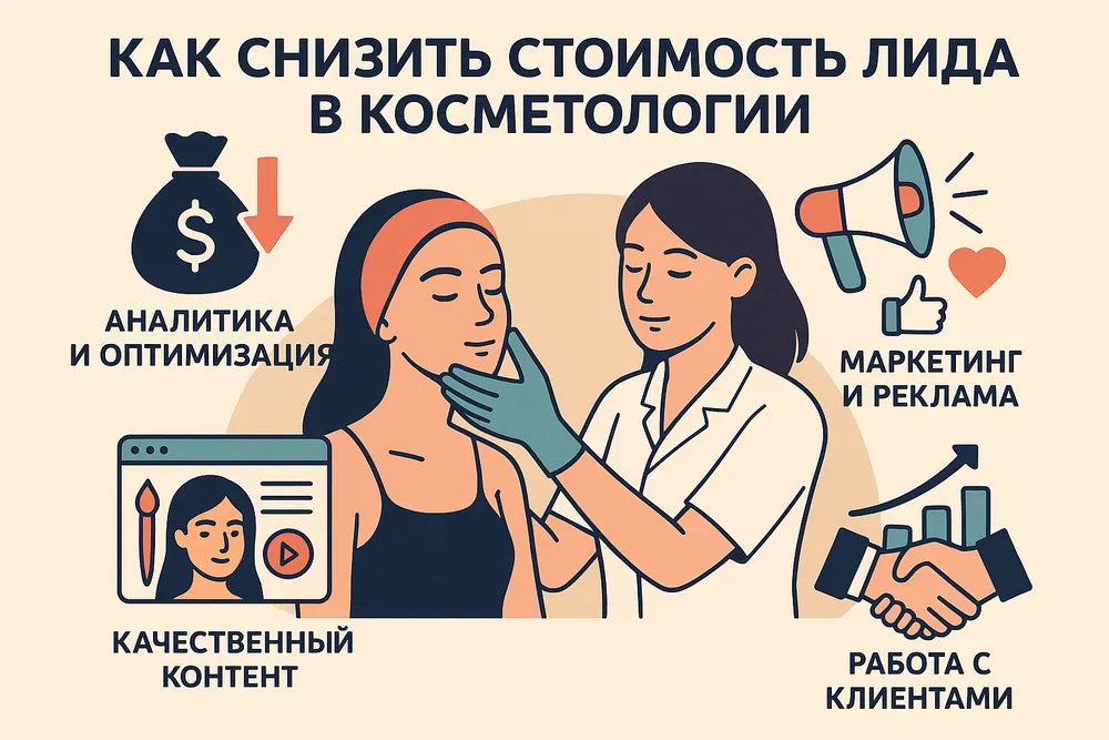 Иллюстрация, связанная с косметологией. Изображены женщины, процедуры, аналитика, маркетинг и реклама.
